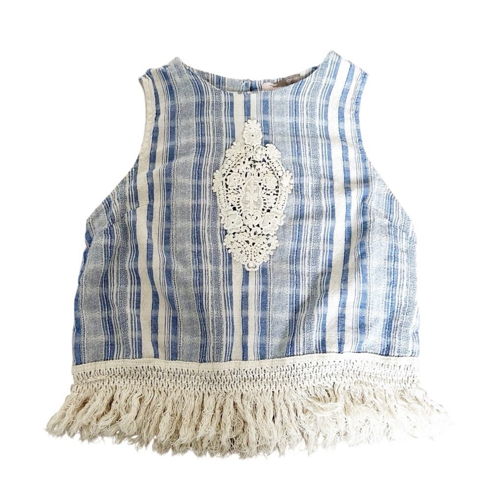 Cotton-Blend Blue & White White Striped Forever 21 Fringe Tank Top Size M Summer